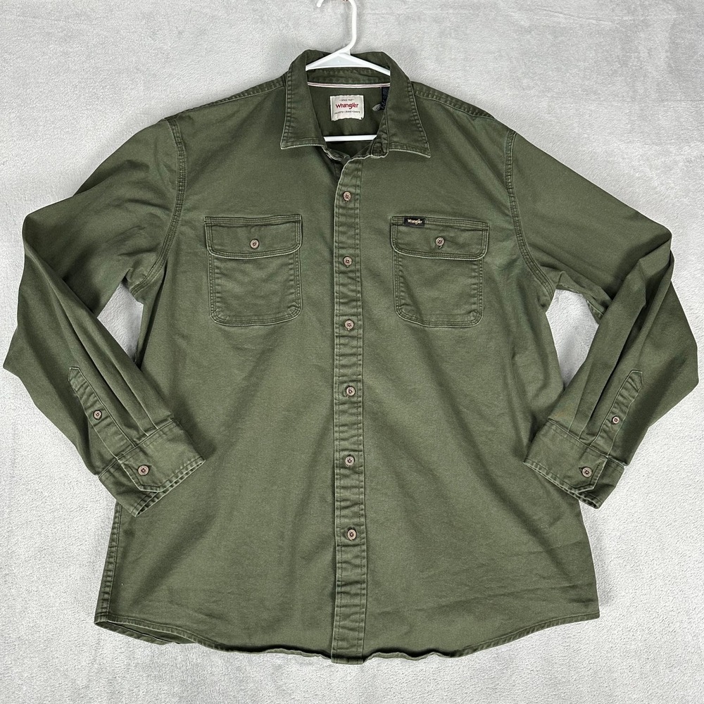 Wrangler Mens XL Olive Green Long Sleeve Work Shirt Western Utility Stretch